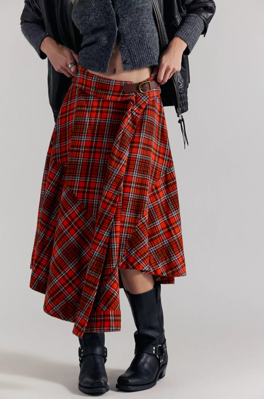 Free People Take Me Along Red Tartan Wrap Circle Skirt 6
